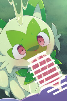 1boy 1other animal_ears bar_censor cat_ears censored colored_skin crying crying_with_eyes_open cum cum_in_mouth erection fellatio furry furry_with_furry gen_6_pokemon gen_9_pokemon goodra green_fur highres nintendo oral penis pink_eyes pokemon pokemon_(creature) purple_skin rumine_(yoshi1234567) sprigatito sweat tagme tears