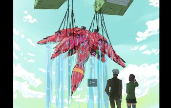 1boy 1girl back black_hair challia_bull cloud commentary_request comoli_harcourt crossbone_vanguard gloves green_hair gundam gundam_f91 gundam_gquuuuuux hanging head_only highres is_this_the_rose_of_sharon?_(meme) jacket long_sleeves mecha meme military_jacket military_uniform mobile_armor mobile_suit musical_note name_connection outdoors rafflesia_(gundam) robot scene_reference science_fiction shikamax2 shirt short_hair skirt sky thrusters vernier_thrusters water