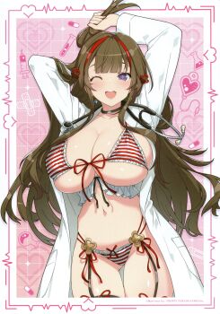 +_+ 1girl :d absurdres adjusting_hair arm_behind_head arms_up black_thighhighs blue_eyes bra breasts brown_hair chinese_knot cleavage coat copyright_logo doctor earrings flower-shaped_pupils front-fastening_bra front-tie_bra garter_straps gluteal_fold groin hair_ornament hairclip highres huge_breasts jewelry lab_coat logo long_hair looking_at_viewer mismatched_earrings multicolored_hair multiple_hairclips navel non-web_source official_art one_eye_closed open_clothes open_coat open_mouth panties pink_background pink_pupils ponytail red_bra red_panties red_streaks revealing_clothes scan self-scan senran_kagura senran_kagura_new_link short_ponytail skindentation smile solo stethoscope_around_neck streaked_hair striped_bra striped_clothes striped_panties symbol-shaped_pupils teeth thighhighs toki_(senran_kagura) underwear upper_teeth_only very_long_hair yaegashi_nan
