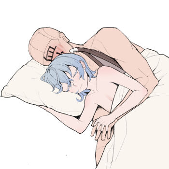 1boy 1girl bald bat_wings blanket blue_hair blush body_writing breasts brown_wings chinese_commentary cleavage closed_eyes colored_eyelashes commentary_request couple expressionless faceless faceless_male facepaint flat_color front-to-back head_on_pillow hetero highres holding_hands interlocked_fingers light_blush lying nose_blush nude on_side pale_skin petite pillow remilia_scarlet short_hair simple_background sleeping small_breasts toned toned_male touhou u_u under_covers upper_body viewer_self-insert white_background wings youpofen