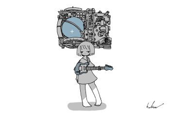 1girl absurdres barefoot electric_guitar greyscale guitar highres instrument kaduise looking_at_viewer monochrome original oversized_clothes oversized_shirt shirt short_hair short_sleeves signature spot_color standing t-shirt