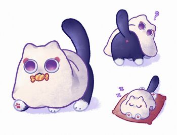 ? animalization candy cat closed_eyes fang food food_in_mouth genshin_impact ghost_costume hana97_58 highres looking_at_viewer looking_back lying multiple_views no_humans on_pillow on_stomach purple_cat purple_eyes scaramouche_(cat)_(genshin_impact) scaramouche_(genshin_impact) sheet_ghost sleeping tail_raised walking white_background x_anus zzz