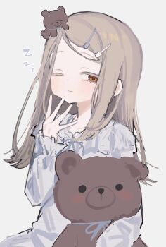 1girl gakuen_idolmaster grey_hair highres idolmaster kakuzatou_(sugar_xouox) long_hair looking_at_viewer one_eye_closed orange_eyes pajamas shinosawa_hiro sketch solo stuffed_animal stuffed_toy teddy_bear zzz