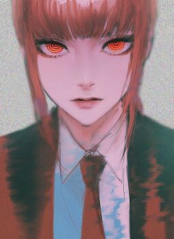 1girl black_jacket black_necktie black_suit blunt_bangs blurry chainsaw_man closed_mouth collared_shirt commentary depth_of_field dress_shirt expressionless eyelashes formal_clothes highres jacket lips looking_at_viewer makima_(chainsaw_man) medium_hair necktie portrait red_eyes red_hair ringed_eyes shirt sidelocks sira_julyspring solo static suit white_shirt