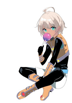 1boy absurdres ahoge androgynous aqua_eyes black_bodysuit bodysuit bodysuit_under_clothes boots candy chaos_(xenosaga) commentary_request dark-skinned_male dark_skin food full_body highres holding holding_candy holding_food looking_at_viewer male_focus mon_7291 orange_boots orange_vest simple_background sitting solo vest white_background white_hair xenosaga xenosaga_episode_i