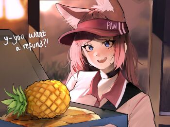 1boy :d absurdres animal_ears black_choker blue_eyes blurry blurry_background blush cat_ears cat_girl choker collared_shirt commentary english_commentary english_text food fruit hat highres holding holding_food holding_pizza kumaartsu long_hair nervous_smile nervous_sweating open_mouth original outdoors pineapple pineapple_on_pizza pink_hair pink_hat pizza pizza_box shirt smile solo sweat upper_body visor_cap white_shirt
