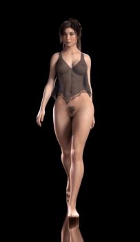 1girl 3d abs animated animated_gif barefoot black_background bouncing_breasts breasts female_pubic_hair full_body lara_croft lingerie no_panties pubic_hair see-through_clothes solo tomb_raider underwear walking