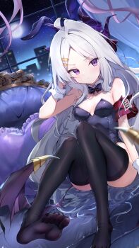 1girl absurdres ahoge animal_ears black_thighhighs blue_archive blush breasts commentary_request demon_girl demon_horns demon_wings full_moon highres hina_(blue_archive) horns indoors long_hair mikkan0727 moon night night_sky playboy_bunny purple_eyes rabbit_ears sitting sky small_breasts solo star_(symbol) thighhighs thighs very_long_hair white_hair wings