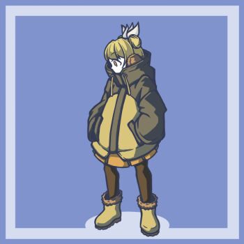 Rule 34 | 1girl, alternate costume, blonde hair, blue background, blue border, boots, border, brown jacket, brown leggings, collared jacket, commentary request, double bun, drawstring, earmuffs, from side, fur-trimmed boots, fur trim, hair bun, hair ribbon, hands in pockets, jacket, joutouguu mayumi, kujiraya, leggings, long sleeves, multicolored jacket, oversized jacket, pleated skirt, puffy long sleeves, puffy sleeves, ribbon, short hair, simple background, skirt, solo, touhou, two-tone jacket, white ribbon, yellow boots, yellow eyes, yellow jacket, yellow skirt