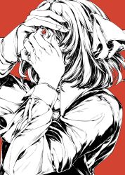 Rule 34 | 1girl, collared shirt, covering own mouth, greyscale with colored background, hair over one eye, hair ribbon, hand on own forehead, hands on own face, highres, looking at viewer, medium hair, one eye covered, red background, ribbon, rumia, shirt, simple background, solo, touhou, upper body, yamazaki tsukune