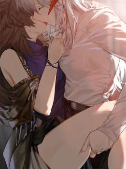 Rule 34 | 2girls, absurdres, alternate costume, arknights, bracelet, breasts, brown hair, brown shawl, chinese commentary, closed eyes, clothes grab, collar grab, collared dress, collared shirt, commentary request, cowboy shot, dress, dress shirt, earrings, face-to-face, facing another, feather hair, french kiss, from side, hand on another's back, hand up, highres, holding another's leg, horns, jewelry, kiss, leg hold, leg up, medium breasts, multiple girls, mush, neckwear grab, official alternate costume, orange horns, purple dress, saria (arknights), shawl, shirt, silence (arknights), silence the paradigmatic (arknights), silence the paradigmatic (habitat) (arknights), sleeveless, sleeveless dress, thighs, turtleneck, turtleneck dress, white hair, yuri