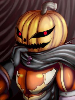 Rule 34 | 1boy, black cape, black gloves, cape, gloves, grimms notes, highres, jack-o'-lantern (grimms notes), looking at viewer, male focus, multicolored bodysuit, muscular, muscular male, namazakan, open mouth, pumpkin head, red eyes, smile, solo, two-tone bodysuit, upper body