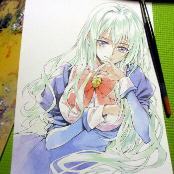 1boy agahari art_brush art_tools_in_frame blue_dress blue_eyes bow bowtie breast_padding breasts buttons closed_mouth commentary_request crossdressing crossdressing_(mtf) dress dress_shirt green_hair hands_up juliet_sleeves kisakinomiya_chihaya large_breasts long_hair long_sleeves male_focus otome_wa_boku_ni_koishiteru otome_wa_boku_ni_koishiteru_futari_no_elder paintbrush painting_(medium) photo_(medium) puffy_sleeves red_bow red_bowtie school_uniform seio_girls&#039;_academy_school_uniform shirt sleeve_cuffs smile solo traditional_media trap white_shirt