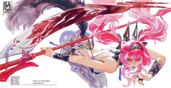 1girl absurdres arm_armor artist_logo back backless_bodysuit bare_shoulders bent_over black_bow bodysuit bow breasts collar commentary deliberty english_commentary hair_between_eyes hair_bow hair_ornament headgear highres holding holding_polearm holding_weapon logo long_hair lupa_(wuthering_waves) medium_breasts metal_collar multiple_hair_bows pink_hair polearm qr_code red_pupils simple_background smile solo tacet_mark_(wuthering_waves) tail twintails variant_set weapon white_background white_bodysuit wolf_tail wuthering_waves yellow_eyes