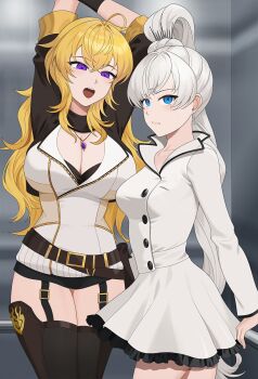 2girls ahoge arms_up belt belt_buckle black_gloves blonde_hair blue_eyes breasts brown_belt buckle cleavage collared_dress colored_petticoat commentary dress earrings english_commentary gloves highres indoors jewelry large_breasts long_hair looking_at_viewer multiple_girls necklace open_mouth paid_reward_available petticoat ponytail purple_eyes rwby shirt standing sweatdrop teeth thighhighs upper_teeth_only wangxiii weiss_schnee white_dress white_hair white_shirt yang_xiao_long