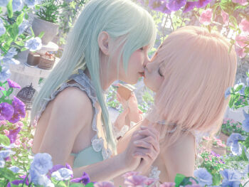 2girls 3d cake chocolate closed_eyes flower food garden green_hair highres holding_hands kiss maid multiple_girls nekotamamofu original pink_hair scenery school_uniform valentine yuri