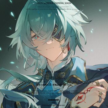 Rule 34 | 1boy, 2025, absurdres, anaxa (honkai: star rail), aqua hair, black jacket, blue eyes, chain, chinese commentary, closed mouth, commentary request, crystal earrings, earrings, eyepatch, gem, hair between eyes, hair intakes, hand tattoo, hand up, highres, holding, honkai: star rail, honkai (series), jacket, jewelry, lizi cai, long hair, looking at viewer, male focus, multiple rings, one eye covered, portrait, red gemstone, red tattoo, ring, solo, tattoo, watermark