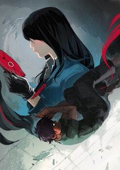 Rule 34 | black eyes, black gloves, black hair, black pants, blazer, blue jacket, character request, check character, collared jacket, collared shirt, commentary, cover, cover page, english commentary, envelope, glass shards, gloves, green shirt, grey background, himekawa reiko, himekawa reiko series, holding, holding envelope, jacket, kikuta kazuo, lapels, long hair, long sleeves, lying, notched lapels, on floor, on side, pants, patipat asavasena, shirt, short hair, short sleeves, strawberry night, t-shirt, tile floor, tiles, two-tone background, wax seal, white background, white shirt