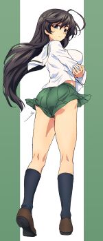 1girl absurdres back black_eyes black_hair black_socks blush breasts brown_shoes commentary_request erakin full_body girls_und_panzer green_skirt highres isuzu_hana large_breasts long_hair looking_back ooarai_school_uniform school_uniform shirt shoes skirt smile socks solo standing white_shirt
