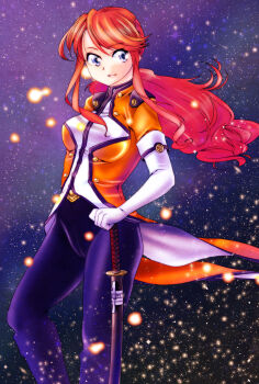 Rule 34 | black pants, blue eyes, freckles, gemini sunrise, gloves, hair tie, holding, holding sword, holding weapon, jacket, kannah, katana, looking to the side, military uniform, official alternate costume, orange jacket, pants, ponytail, red hair, sakura taisen, sakura taisen v, sidelocks, smile, sword, weapon, white gloves