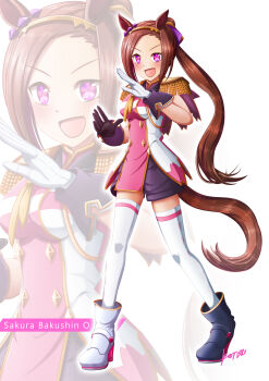 1girl absurdres animal_ears asymmetrical_footwear asymmetrical_gloves black_gloves blush breasts brown_hair commentary_request copyright_name epaulettes flower_in_eye full_body gloves gold_hairband hairband highres horse_ears horse_girl horse_tail konsu_(konsu1182da) long_hair looking_at_viewer medium_breasts mismatched_footwear mismatched_gloves neckerchief open_mouth ponytail purple_eyes purple_shorts sakura_bakushin_o_(blossom_in_learning)_(umamusume) sakura_bakushin_o_(umamusume) shorts simple_background sleeveless smile symbol_in_eye tail thighhighs umamusume white_background white_gloves white_thighhighs yellow_neckerchief zoom_layer