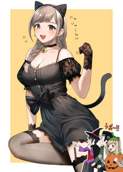 1boy 3girls akaori_umeka animal_ears bell black_dress black_hair blonde_hair blush bow braid brown_eyes cat_ears cat_hair_ornament cat_tail cosplay doushimasho dress earrings fake_animal_ears fake_tail fishnet_thighhighs fishnets frankenstein&#039;s_monster frankenstein&#039;s_monster_(cosplay) gaijin_4koma_(meme) garter_straps gloves gold_buttons gold_earrings hair_ornament halloween halloween_costume hat highres jack-o&#039;-lantern jewelry kaisha_no_senpai_akaori-san kirito_mihoko lace lace-trimmed_dress lace_gloves lace_trim low_twin_braids meme multiple_girls neck_bell nyan paw_pose sawamoto_mikan swept_bangs tail tareme teeth thighhighs twin_braids upper_teeth_only waist_bow witch witch_hat yellow_background