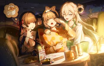 3girls absurdres alternate_costume black_choker black_hair black_shirt blonde_hair breasts can chisa_(wuthering_waves) choker commentary cup drink_can earrings english_commentary female_rover_(wuthering_waves) food green_sailor_collar hair_ornament hair_ribbon hairclip hand_up highres holding holding_pillow isobe47 jewelry long_hair looking_at_another looking_at_viewer lynae_(wuthering_waves) medium_breasts multiple_girls open_mouth parallel_hairclips pillow pocky purple_eyes red_eyes red_ribbon ribbon rover_(wuthering_waves) rubbing_eyes sailor_collar shirt star_(symbol) star_earrings white_sailor_collar white_shirt wuthering_waves yawning yellow_eyes