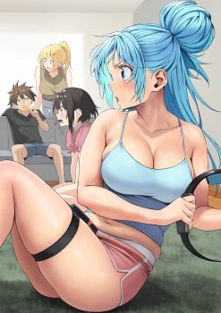1boy 3girls aqua_(konosuba) armpit_crease belt blonde_hair blue_eyes blue_hair blush braid breasts brown_hair camisole carpet cleavage collarbone contemporary couch darkness_(konosuba) dolphin_shorts exercising feet_out_of_frame food hair_bun hair_ornament hairclip highres izawa_(bhive003) kono_subarashii_sekai_ni_shukufuku_wo! large_breasts legs long_hair looking_to_the_side megumin muffin_top multiple_girls on_couch open_mouth pants playing_games ponytail popsicle ring-con ring_fit_adventure satou_kazuma shirt short_hair short_ponytail short_shorts shorts skindentation sleeveless sleeveless_shirt smile spaghetti_strap t-shirt