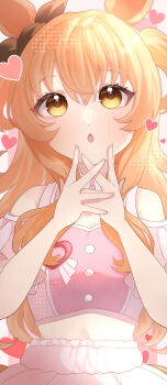 1girl absurdres animal_ears blush bow breasts brown_ribbon clothing_cutout commentary_request cropped_shirt ear_bow ear_ribbon hair_between_eyes heart highres horse_ears horse_girl kurumiya_(krmy_p) long_hair looking_at_viewer mayano_top_gun_(umamusume) meni_shuki_rush-sshu! midriff open_mouth orange_eyes orange_hair pink_shirt pink_skirt ribbon shirt shoulder_cutout skirt small_breasts solo two_side_up umamusume