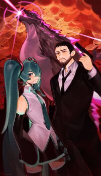 1boy 1girl aqua_hair beard black_hair crossover eminem facial_hair formal_clothes godzilla godzilla_(monsterverse) godzilla_(series) godzilla_evolved godzilla_x_kong:_the_new_empire gun hatsune_miku highres holding holding_gun holding_weapon kaiju king_kong_(series) legendary_pictures monsterverse multiple_crossover necktie pale_skin real_life reisame shirt short_hair skirt sleeveless suit thighhighs toho twintails vocaloid weapon