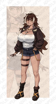 Rule 34 | 1girl, adoptable, bird girl, boots, breasts, brown hair, brown jacket, cleavage, commentary, denim, denim shorts, english commentary, full body, grin, highres, jacket, jewelry, large breasts, multicolored hair, necklace, original, roresu, shirt, shorts, smile, standing, streaked hair, talons, thigh strap, watermark, watermark grid, white streaks, yellow eyes, zoom layer