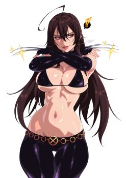 Rule 34 | !, 1girl, bare shoulders, belt, black gloves, black pants, bra, breasts, brown hair, cam the art guy, cameltoe, claws, cleavage, covered erect nipples, elbow gloves, gloves, highres, large breasts, light smile, long claws, long hair, looking to the side, lowleg, lowleg pants, marvel, navel, pants, red eyes, shiny pants, shiny skin, sideboob, simple background, skin tight, solo, stomach, underboob, underwear, weapon, wide hips, x-23, x-men