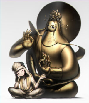 <o>_<o> 1girl bindi blunt_bangs blush bracer brown_eyes brown_hair buddha closed_mouth commentary female_focus gradient_background grey_background half-closed_eyes harau head_tilt highres looking_at_viewer meditation original pants robe sitting smile solo statue