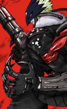 1boy bandana bandana_around_arm beelzebumon black_jacket black_pants blonde_hair cowboy_shot demon_tail digimon digimon_(creature) fang from_side fur-trimmed_jacket fur_trim gun highres holding holding_gun holding_weapon jacket looking_at_viewer male_focus open_clothes open_jacket pants red_background red_bandana red_eyes short_hair simple_background solo tail third_eye weapon zigokuno