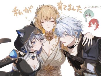 2boys 3girls aglaea_(honkai:_star_rail) anaxa_(honkai:_star_rail) animal_ears black_leotard blonde_hair blue_eyes breast_tattoo breasts cat_ears cat_girl cat_tail cipher_(honkai:_star_rail) cleavage closed_eyes coat eyepatch flower gold_tattoo green_hair grey_hair hair_flower hair_ornament head_only highres honkai:_star_rail honkai_(series) laurel_crown leotard multiple_boys multiple_girls phainon_(honkai:_star_rail) red_hair short_hair short_hair_with_long_locks simple_background tail tattoo translation_request tribios_(honkai:_star_rail) umenoume white_background white_coat white_hair