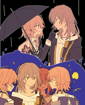 4girls beibc_eee black_background black_choker black_dress black_flower black_gloves black_jacket blue_background buttons choker closed_eyes closed_mouth clothing_cutout collarbone collared_dress covered_eyes dress earrings evernight_(honkai:_star_rail) flower flower_ornament from_behind gloves grey_hair hair_between_eyes hair_flower hair_ornament hair_over_eyes hands_up holding holding_umbrella honkai:_star_rail honkai_(series) index_finger_raised jacket jewelry lapels long_hair long_sleeves looking_at_another march_7th_(honkai:_star_rail) march_7th_(preservation)_(honkai:_star_rail) multiple_girls multiple_persona no_eyes notice_lines official_alternate_costume official_alternate_hairstyle open_clothes open_jacket pink_hair pink_jacket rain red_eyes red_flower shirt short_hair shoulder_cutout sidelocks single_bare_shoulder single_earring smile sparkle stelle_(honkai:_star_rail) sweatdrop t-shirt trailblazer_(honkai:_star_rail) two-tone_background two-tone_dress umbrella upper_body white_dress white_shirt yellow_eyes yuri