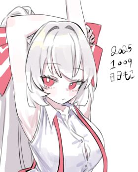 1girl :/ absurdres armpits arms_up bare_arms blush breasts bright_pupils button_gap commentary dated fujiwara_no_mokou grey_hair highres holding_own_arm long_hair looking_at_viewer medium_breasts neophyte open_collar ponytail presenting_armpit red_eyes shirt sleeveless sleeveless_shirt solo suspenders touhou very_long_hair white_pupils white_shirt