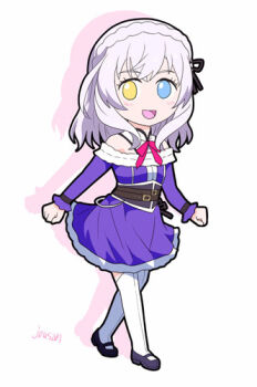 braid chibi crown_braid doll_joints dress eiyuu_densetsu frilled_dress frilled_hairband frills gothic_lolita hairband hajimari_no_kiseki joints kai_no_kiseki kuro_no_kiseki_(series) lapis_rosenberg lolita_fashion lolita_hairband long_hair looking_at_viewer lowres multicolored_eyes open_mouth purple_dress ribbon simple_background xiacheng_tatsuya