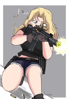 1girl assault_rifle black_shirt blonde_hair blue_eyes border cutoffs denim denim_shorts dutch_angle firing girls_und_panzer grey_background gun handgun highres holster kay_(girls_und_panzer) kneeling magazine_(weapon) midriff muzzle_flash outside_border porotto_yontouhei red_dot_sight rifle shell_casing shirt shorts smoke solo suppressor t-shirt tank_top twitter_username weapon white_border