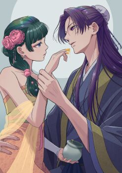 Rule 34 | 1boy, 1girl, arm around waist, blue eyes, blue robe, blunt bangs, bun cover, commentary request, dress, earrings, eyeshadow, flower, green hair, hair bun, hair flower, hair ornament, hair over shoulder, hair tie, half updo, highres, holding, holding another's wrist, holding jar, honey, jar, jewelry, jinshi (kusuriya no hitorigoto), komomo1129, kusuriya no hitorigoto, long hair, looking at another, makeup, maomao (kusuriya no hitorigoto), parted bangs, parted lips, pink eyeshadow, pink flower, pink hair, purple hair, robe, shawl, single sleeve, strapless, strapless dress, upper body, yellow shawl