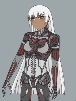1girl absurdres altera_(fate) android artificial_vagina biomechanical blunt_bangs bright_pupils commentary cowboy_shot dark-skinned_female dark_skin english_commentary expressionless fate/grand_order fate_(series) grey_background heart_(organ) highres joints kaguracanvas long_hair looking_at_viewer lungs mechabare mechanical_pussy mechanical_spine red_eyes ribs robot_girl robot_joints robot_skeleton sex_toy solo variant_set white_hair white_pupils