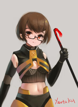 1girl :q absurdres adapted_costume armor bad_id bad_pixiv_id black-framed_eyewear black_gloves blood bloody_weapon breasts brown_eyes brown_hair cleavage cleavage_cutout clothing_cutout crop_top cropped_sweater crowbar elbow_gloves female_focus genderswap genderswap_(mtf) glasses gloves gordon_freeman half-life half-life_(series) hev_suit highres holding holding_crowbar holding_weapon medium_breasts navel power_armor revealing_clothes semi-rimless_eyewear sleeveless sleeveless_turtleneck solo sweater tongue tongue_out turtleneck under-rim_eyewear weapon youotaku