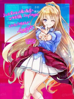 1girl ;d advanced_nurturing_high_school_uniform blazer blonde_hair blue_eyes blue_scrunchie blue_shirt clothes_around_waist collared_shirt commentary_request feet_out_of_frame grin hachigou hair_ornament hair_scrunchie jacket jacket_around_waist karuizawa_kei long_hair one_eye_closed open_mouth pleated_skirt red_jacket school_uniform scrunchie shirt skirt smile solo translation_request white_skirt youkoso_jitsuryoku_shijou_shugi_no_kyoushitsu_e