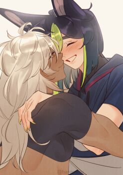 2boys absurdres animal_ears arms_around_waist black_hair blunt_ends blush closed_eyes colored_bangs commentary compression_shirt crop_top cyno_(genshin_impact) dark-skinned_male dark_skin english_commentary face-to-face facing_another fingernails genshin_impact green_hair green_nails hair_between_eyes hanamirru hand_on_another's_shoulder highres hood hood_down hoodie jackal_boy jackal_ears jacket long_hair looking_at_another male_focus multicolored_hair multiple_boys muscular muscular_male red_eyes sharp_fingernails short-sleeved_jacket short_sleeves signature smile streaked_hair tighnari_(genshin_impact) two-tone_hair undershirt upper_body white_background white_hair yaoi