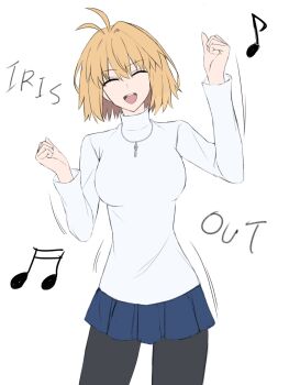 1girl :d ahoge arcueid_brunestud black_pantyhose blonde_hair blue_skirt breasts closed_eyes dancing english_text hair_between_eyes hair_intakes happy highres miniskirt musical_note open_mouth pantyhose shirt short_hair skirt smile sweater tsukihime tsukihime_(remake) turtleneck turtleneck_sweater wavy_hair weilaizuigao703 white_shirt