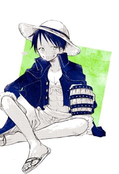 1boy beer_mug collared_cape commentary_request cup green_background greyscale_with_colored_background hat highres holding holding_cup looking_to_the_side male_focus monkey_d._luffy mug nekochanko1 one_piece open_clothes open_shirt sandals scar scar_on_chest scar_on_face short_hair shorts sitting smile solo square straw_hat