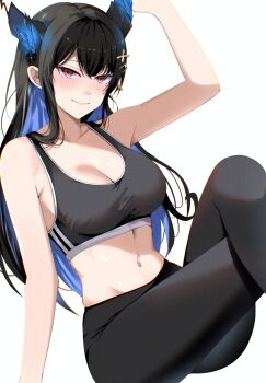 1girl absurdres asymmetrical_horns bare_shoulders black_hair black_horns black_pantyhose black_sports_bra blue_hair blue_hoodie blush breasts cleavage closed_mouth collarbone hashtag-only_commentary highres hololive hololive_english hood hoodie horns lalatina_art large_breasts mole mole_under_eye multicolored_hair navel nerissa_ravencroft pantyhose purple_eyes simple_background smile solo sports_bra two-tone_hair uneven_horns virtual_youtuber white_background