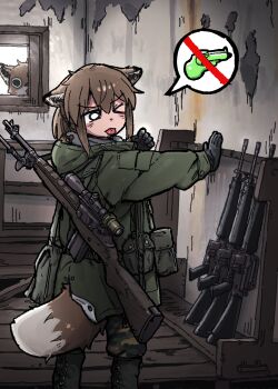 >_< 1girl absurdres animal_ears black_gloves boots brown_hair camouflage camouflage_pants commentary dot_nose ears_down english_commentary fox fox_ears fox_girl fox_girl_(yihan_world) fox_tail gloves green_boots green_jacket green_pants gun highres hood hood_down hooded_jacket indoors jacket military_jacket one_eye_closed original pants pants_tucked_in pouch rifle scope solo spoken_object tail tongue tongue_out water_gun weapon weapon_on_back weapon_strap white_eyes wooden_floor yihan_world