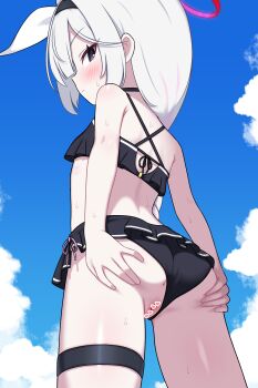 1girl absurdres alternate_costume anus ass ass_support bikini bikini_bottom_aside bikini_skirt black_bikini black_eyes black_hairband blue_archive blue_sky blush bow braid braided_ponytail censored closed_mouth clothing_aside cloud commentary criss-cross_back-straps hair_bow hairband halo hand_on_own_ass heart heart_censor highres loli long_hair looking_at_viewer multicolored_hair paid_reward_available pink_hair plana_(blue_archive) pussy red_halo red_pupils sky small_sweatdrop solo streaked_hair swimsuit thigh_strap two-tone_hair variant_set white_bow white_hair zing_(z_z_zing)