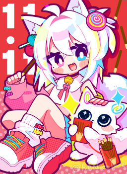 +_+ 1girl ahoge animal animal_ear_fluff animal_ears blonde_hair blush blush_stickers bow box bright_pupils candy collared_shirt commentary_request crossed_legs dated dot_nose drop_shadow eyelashes food heterochromia highres holding holding_box holding_food holding_pocky lollipop lollipop_hair_ornament medium_hair mole mole_under_each_eye mole_under_eye multiple_moles neck_ribbon nikoru original petting pink_bow pocky pocky_day red_ribbon red_shoes ribbon shirt shoelaces shoes sitting sleeveless sleeveless_shirt socks sparkle swirl_lollipop twitter_username white_pupils white_socks
